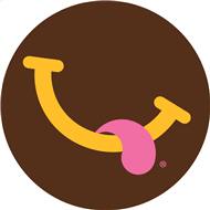 A smiley face with a pink tongue sticking out of a brown circle.