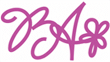 A pink logo with the word b a.