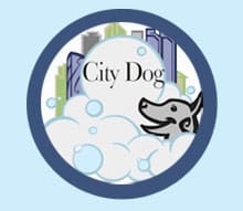 A city dog logo on a blue background.