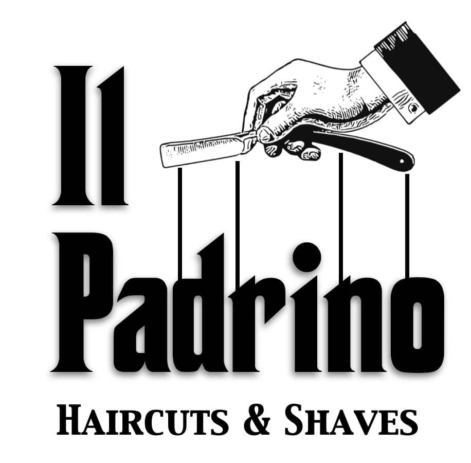 Logo of "il padrino haircuts & shaves" featuring a stylized hand with a straight razor above bold text.