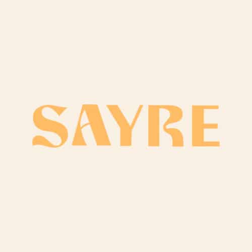 Graphic text logo with the word "sayre" in orange letters on a beige background.
