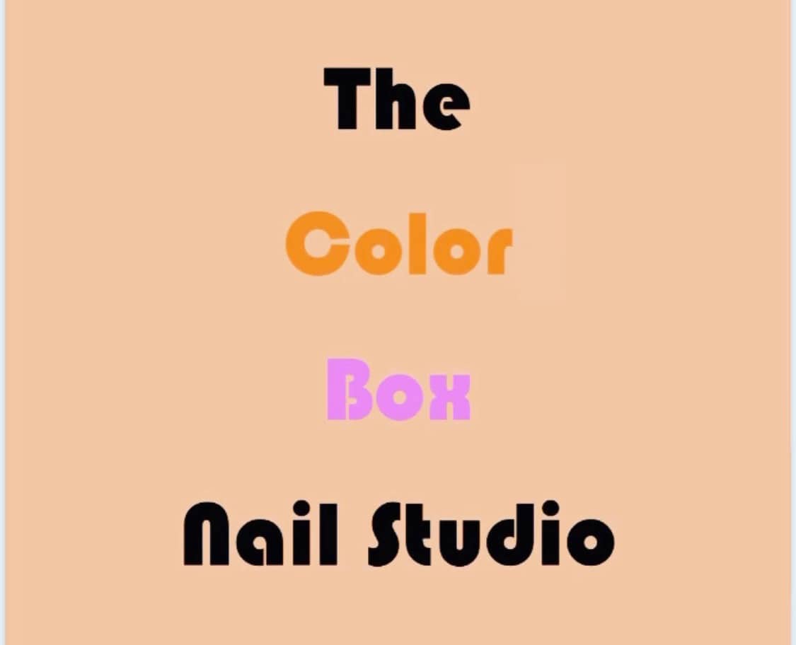 Logo of "the color box nail studio" in orange and purple text on a peach background.