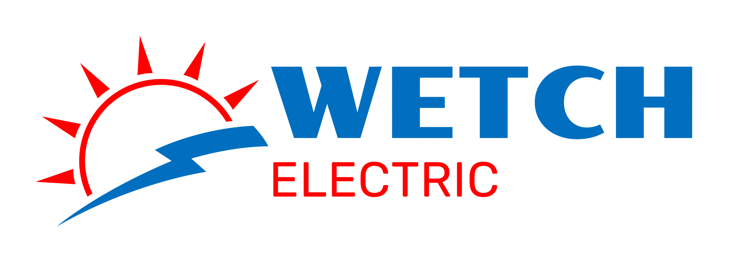 Logo of wetch electric featuring red and blue text with a stylized red sun and blue swoosh design above the text.